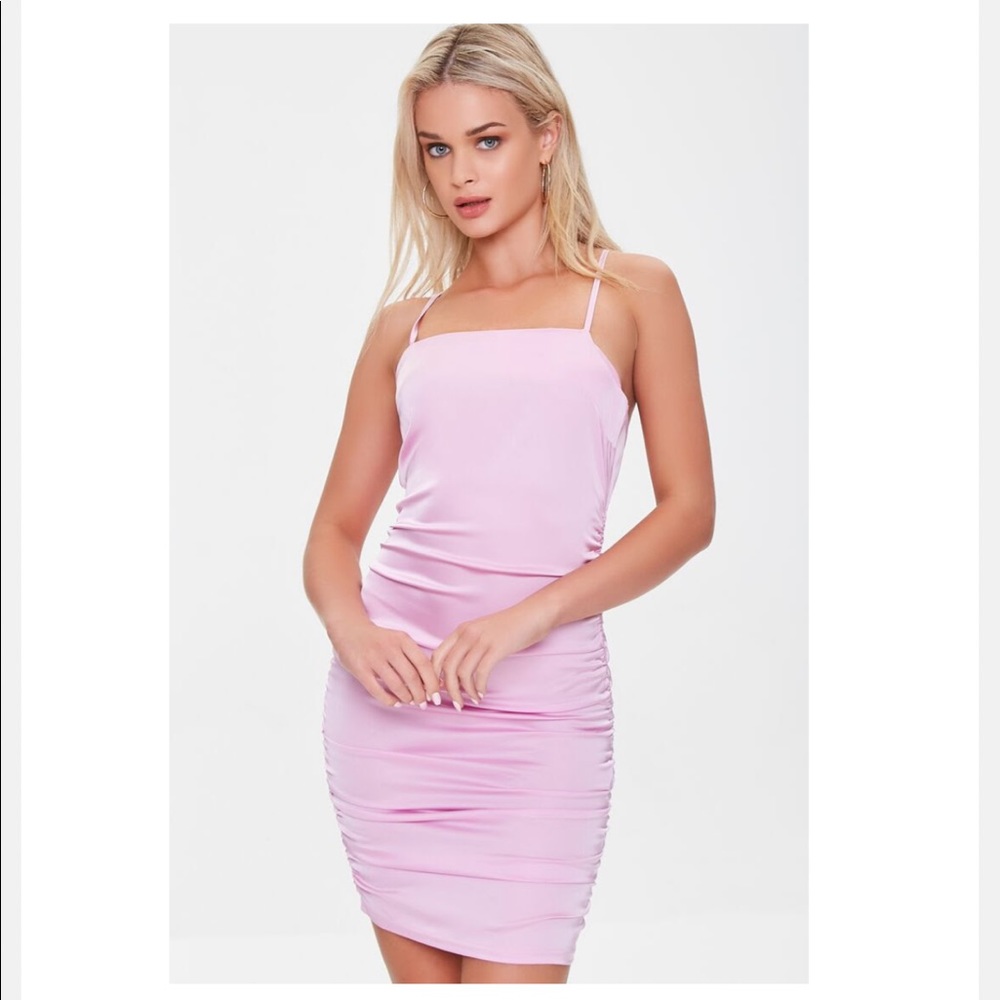 Forever 21 pink ruched open back bodycon satin mini dress